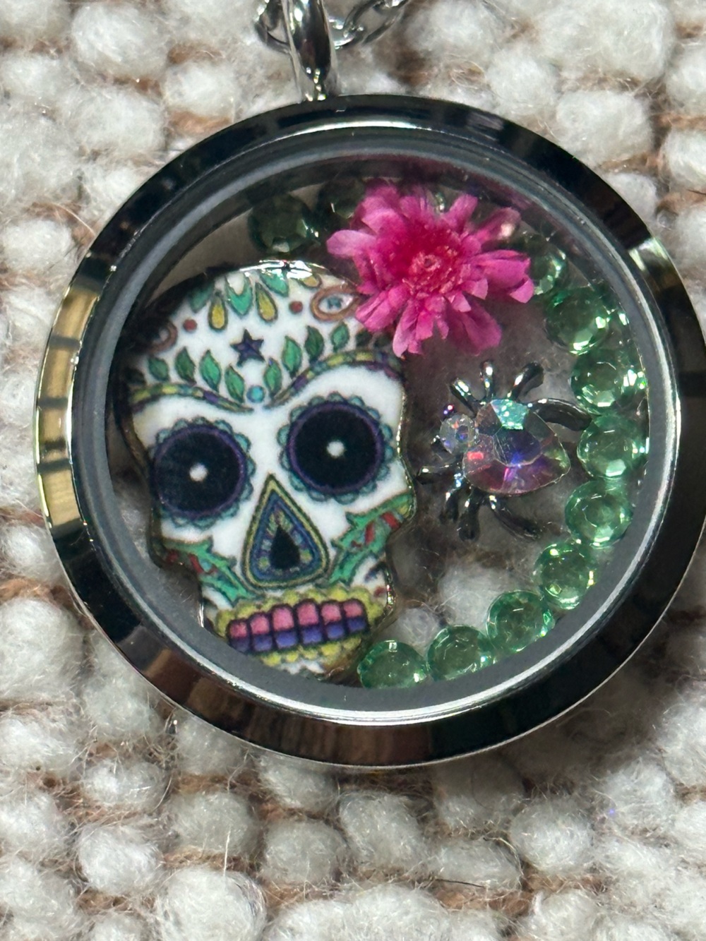 Halloween Handcrafted Pink & Green Skull Art Necklace Silver Spider Flower